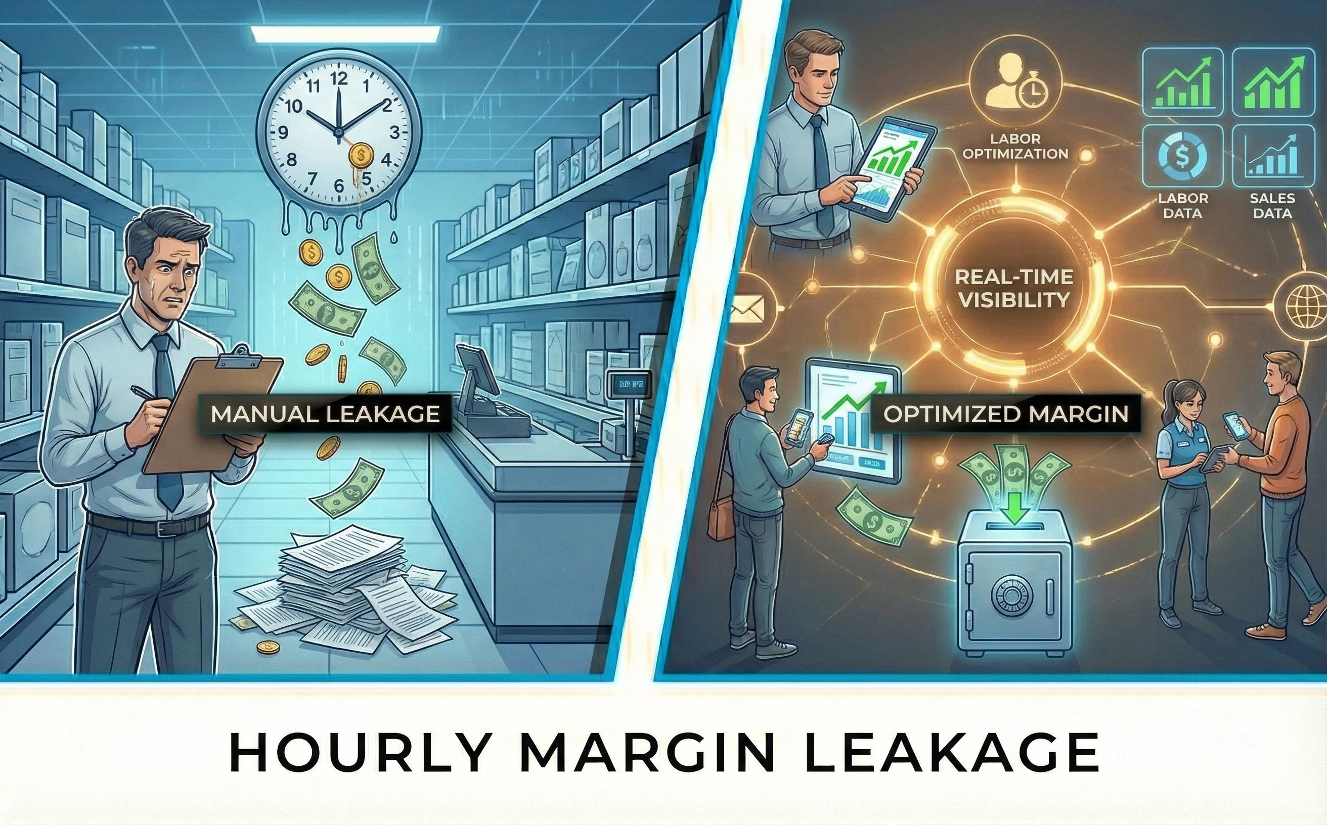 Manual Leakage vs Optimized Margin - real-time visibility for labor optimization