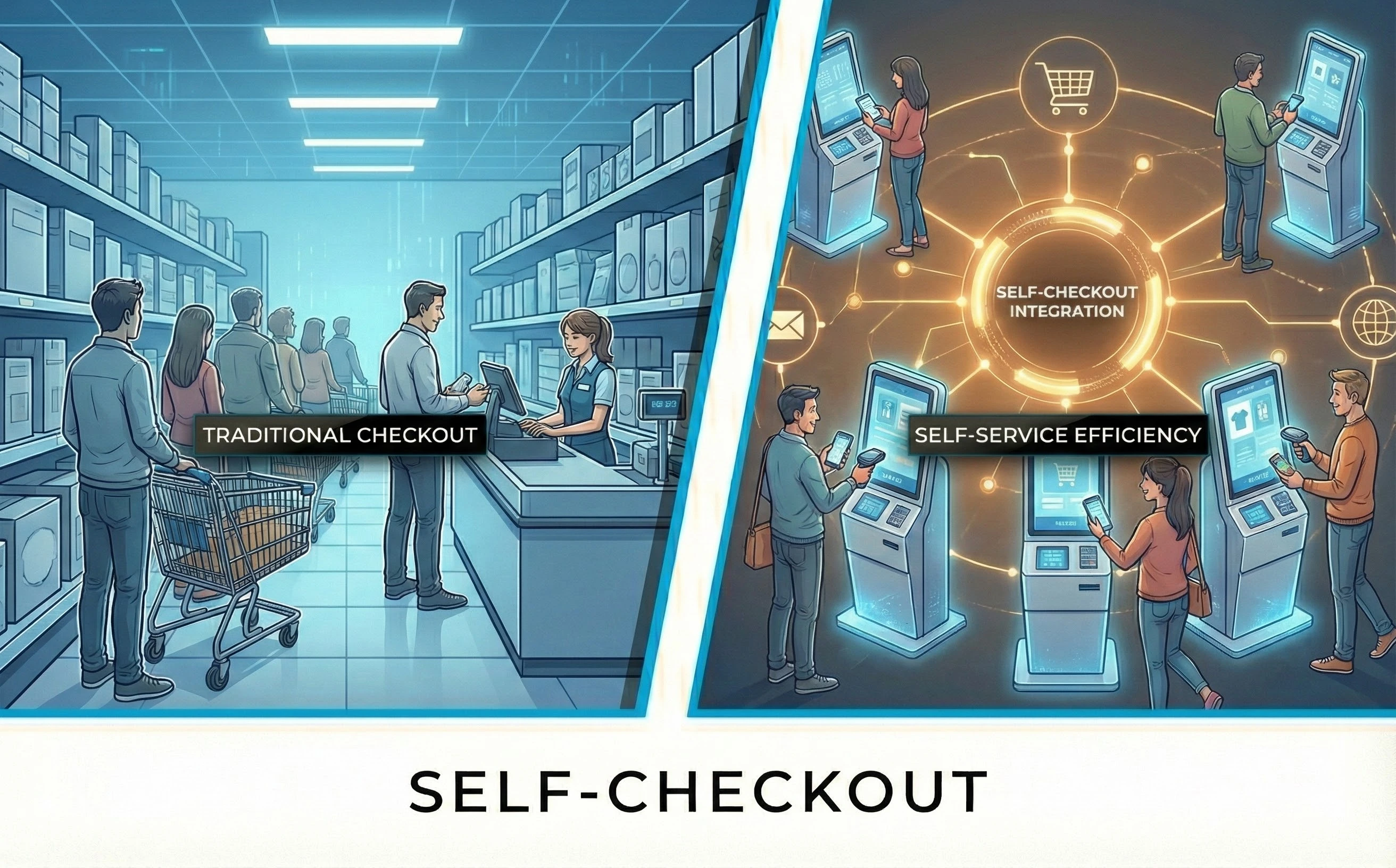 Traditional Checkout vs Self-Service Efficiency - self-checkout integration