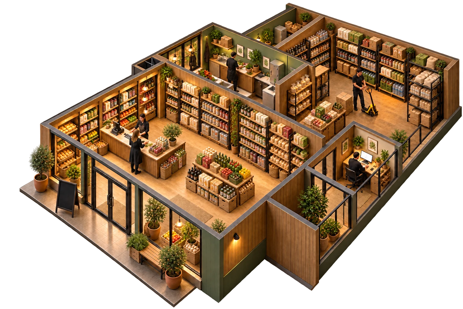 Illustrated food market bringing checkout, stock, staff and accounting into one business scene