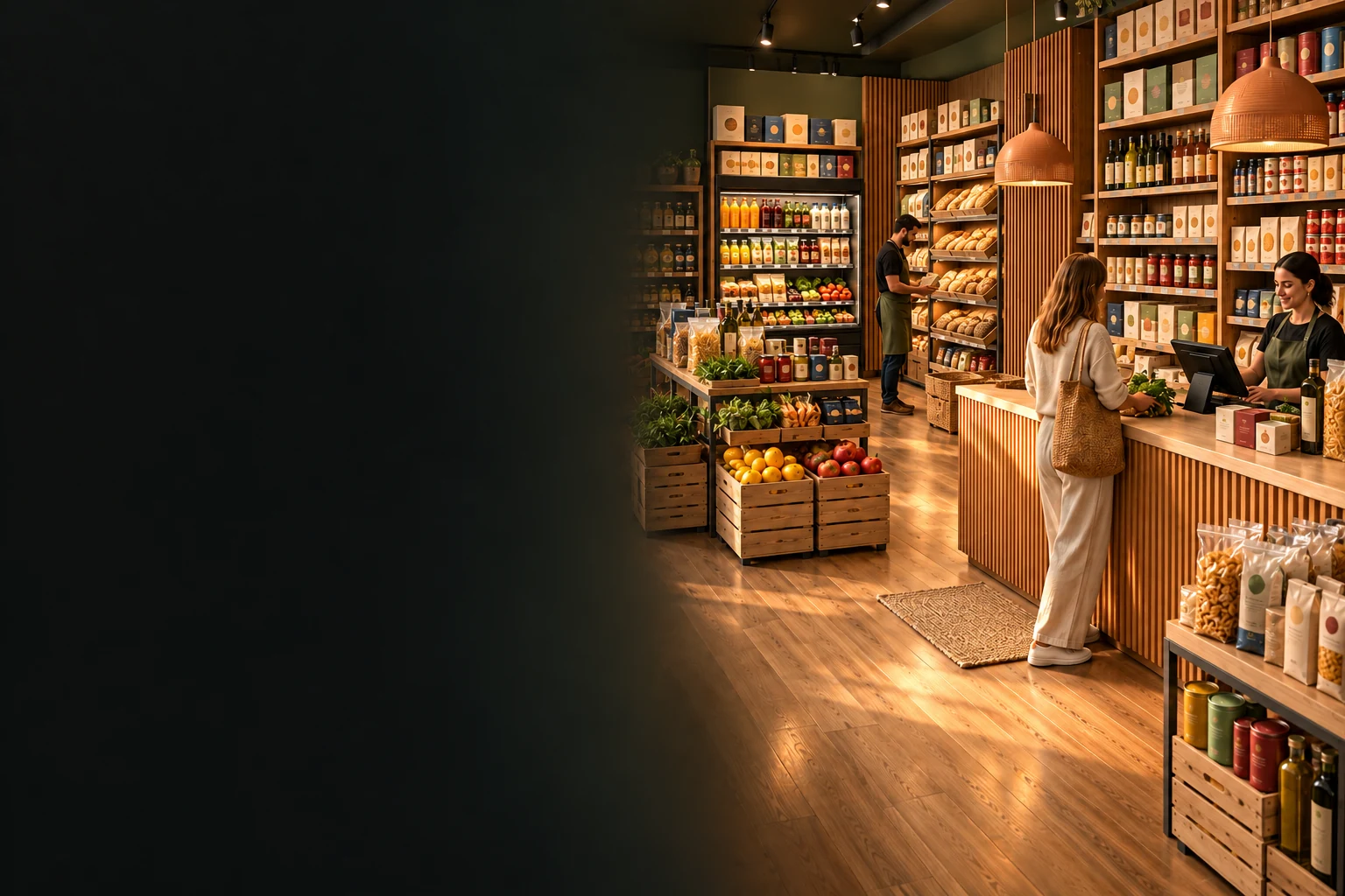 Illustrated neighborhood food market with warm timber, fresh produce and a busy shop floor
