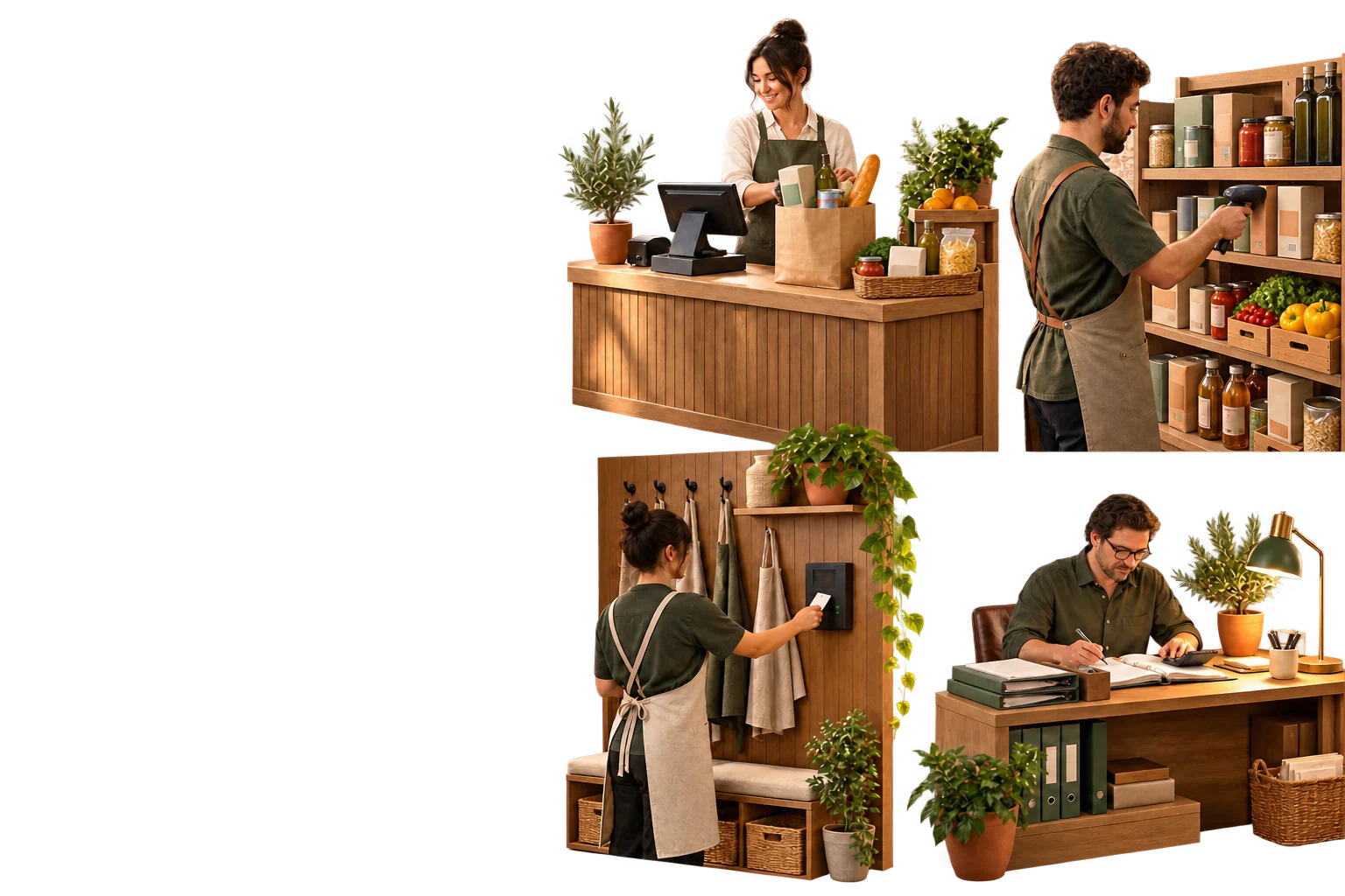 Illustrated food-retail workspaces for checkout, inventory, staff time and accounting